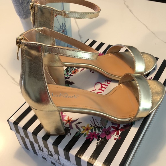 Gold Ankle Strap Chunky Block Heel 8 1/2 - Picture 2 of 6